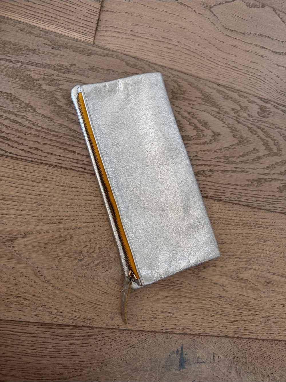 Metallic Silver Zip Pouch with Yellow Zipper